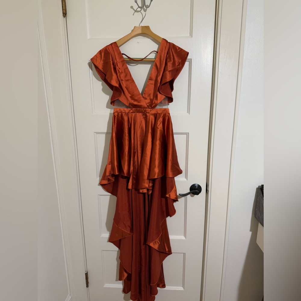 Burnt Orange Satin Ruffle High-Low Dress | Boho Glam Statement Piece from ASOS